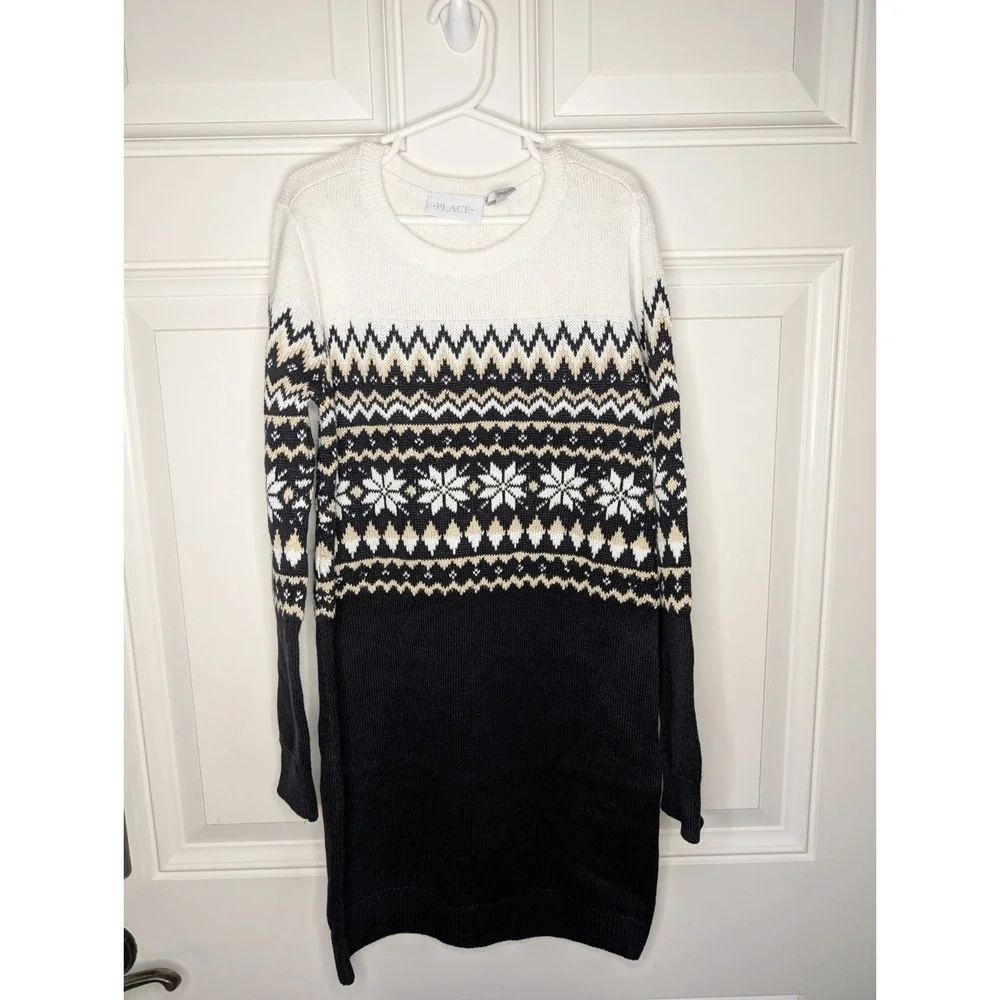 The Children's Place Girls Snowflake Fairisle Sweater Dress Black Size M 7/8 NEW